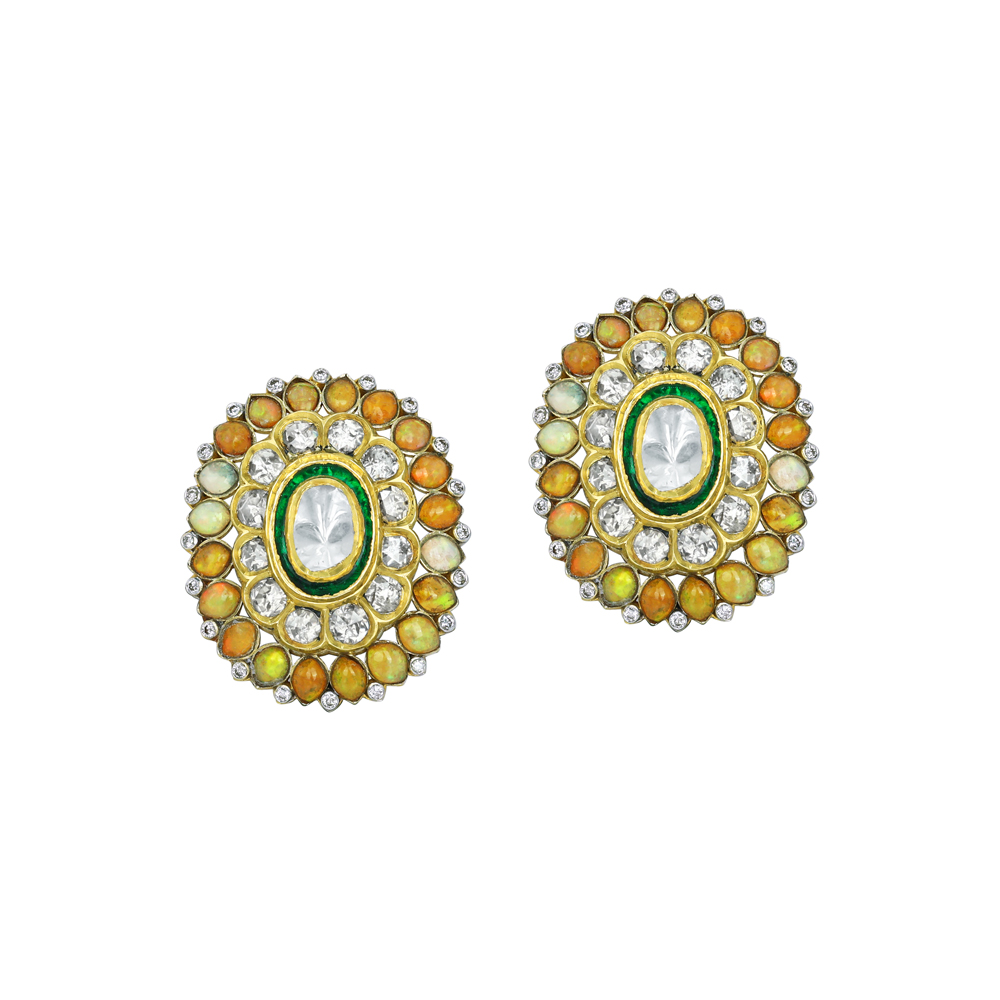 Polki Diamond Studs with Green Enamel and Opal Gemstone Halos